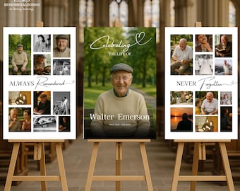 May include: Three wooden easels hold memorial posters. The central poster reads "Celebrating the Life of Walter Emerson" with a photo of a smiling man. The other posters say "Always Remembered" and "Never Forgotten" with photo collages.
