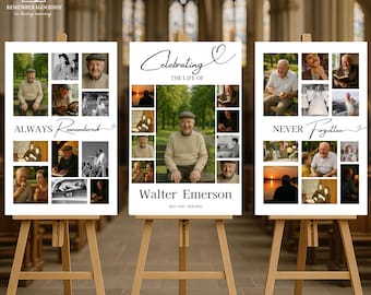 May include: Three wooden easels display memorial posters. Each poster features a central portrait surrounded by smaller photos. Text includes "Always Remembered," "Celebrating the Life of Walter Emerson," and "Never Forgotten."