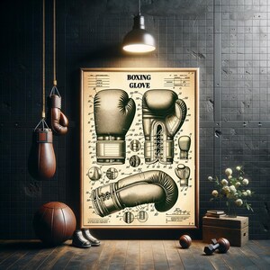 Puede incluir: Ilustración de estilo vintage de un dibujo de patente de un guante de boxeo. El dibujo muestra una vista lateral de un guante de boxeo con diagramas detallados de la construcción del guante. El título "Boxing Glove" está en la parte superior del dibujo.