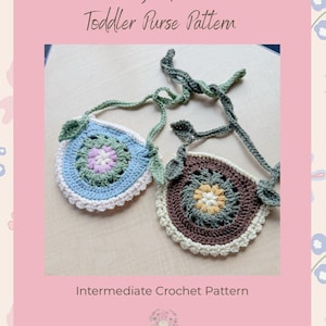 May include: Two crocheted toddler purses in the image, one blue and one brown, with leaf-shaped straps. The text on the image reads "Teeny Sprouts Toddler Purse Pattern" and "Intermediate Crochet Pattern".