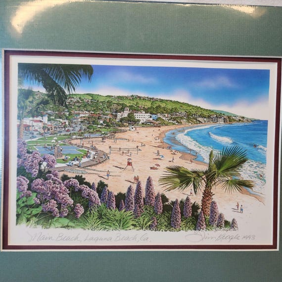Jim Krogle 1993 Print Laguna Beach Main CA Signed Matted 14x11