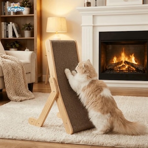 以下が含まれることがあります： 木と茶色の段ボールで作られた猫用爪とぎ。 ポストは角度がついており、木製のフレームで支えられています。 ふわふわのバイカラーの猫がリビングルームでポストを使用しています。