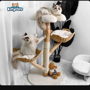 May include: A multi-level cat tree with two fluffy cats. The tree features a natural wood finish, woven baskets, and plush platforms. A small teddy bear sits at the base. The logo "Kittystore" is visible in the top left corner.
