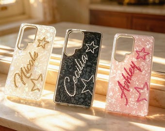 Custodia per telefono personalizzata con strass e iniziali di cristallo, scintillante e luccicante, per Samsung Galaxy S 26 25 24 23 22. Custodie ultra carine per ragazze.