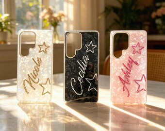 Custodia per telefono personalizzata con strass e iniziali di cristallo, scintillante e luccicante, per Samsung Galaxy S 26 25 24 23 22. Custodie ultra carine per ragazze.