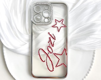 Ciondoli con monogramma in cristallo con nome personalizzato in strass, iniziali con stelle carine, custodia per telefono personalizzata per iPhone 17 Air 16 15 14 Plus 13 12 11 Pro Max