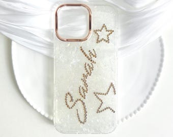 Custodia per telefono in resina personalizzata con nome personalizzato in strass, monogramma in cristallo, iniziali a forma di stelle carine, per iPhone 17 Air 16 15 14 Plus 13 12 Pro Max