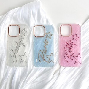 Nom personnalisé, initiales en cristal, étoiles, coque de téléphone personnalisée en résine, coques d'iPhone personnalisables, 17 Air 16 15 14 Plus 13 12 11 Pro Max