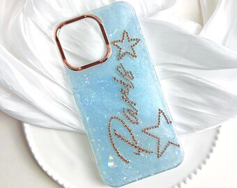 Custodia per telefono in resina personalizzata con nome, monogramma, iniziali, strass di cristallo, stelle carine, iPhone 17, 16, 15, 14 Plus, 13, 12 Pro Max