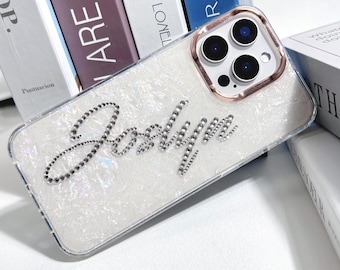 Funda para teléfono personalizada con nombre personalizado, diseño de monograma de cristal con diamantes de imitación brillantes, transparente, para iPhone 17, Air 16, E 15, 14 Plus, 13, 12 Pro Max