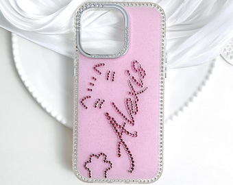 Custom Name Cute Cat Rhinestone Initials Customized Phone case iPhone 17 16 15 14 Plus 13 12 11 Pro Max Personalized Cases for Women Girly