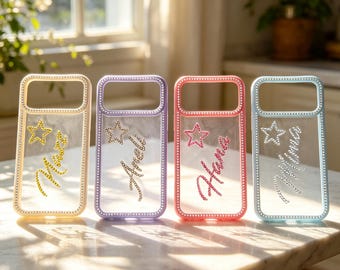 Simpatiche stelle con strass, nome personalizzato, monogramma di cristallo, iniziali, custodia per telefono in resina personalizzata per iPhone 17 16 15 14 Plus 13 12 Pro Max