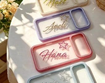 Custodia per iPhone personalizzata con nome e strass personalizzati - Cover per telefono con glitter e stelle scintillanti per iPhone 17/16/15/14/Plus/13/12 Pro Max