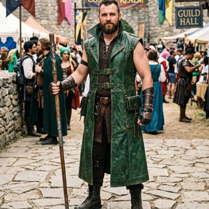 May include: A person in a green leather vest and matching long coat, with a staff, at a fantasy convention. The vest has pockets and buckles. The background includes tents, banners, and other people in costume.