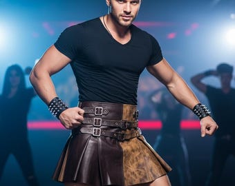 Falda escocesa de cuero marrón hecha a mano para hombre, bicolor, con múltiples hebillas, plisada, estilo gladiador, para juegos de rol en vivo (LARP) y cosplay.