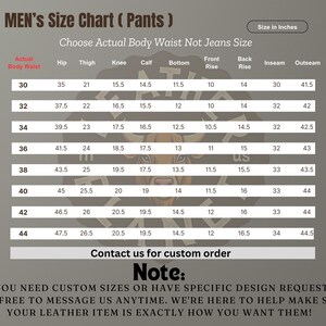May include: A size chart for pants, showing measurements in inches for waist, hip, thigh, knee, calf, bottom, front rise, back rise, inseam, and outseam. The chart includes sizes 30 to 44.