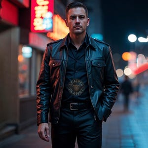 May include: A man wearing a black leather jacket with a black shirt and black pants. The jacket has a patch on the left chest that says "Leather Planet".
