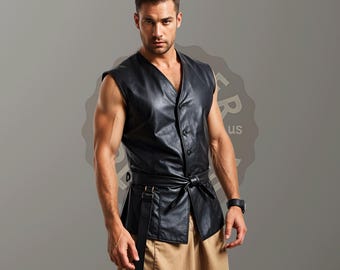 Handmade Leather Vest Men - Medieval Black Leather Waistcoat For Men Renaissance Costume Cosplay Outfit
