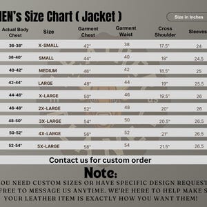 May include: A size chart for jackets, showing measurements in inches for chest, waist, shoulder, and sleeves. The chart includes sizes from X-Small to 5X-Large.