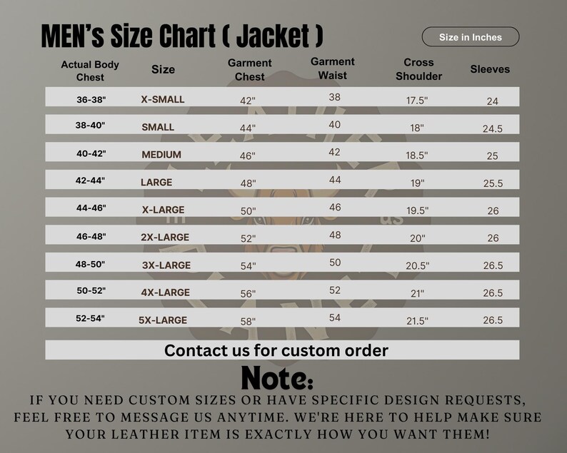 May include: A size chart for jackets, showing measurements in inches for chest, waist, shoulder, and sleeves. The chart includes sizes from X-Small to 5X-Large.