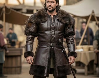 Handmade Men’s Genuine Leather Fur Coat | Custom Brown Medieval Coat | LARP Cosplay Jacket