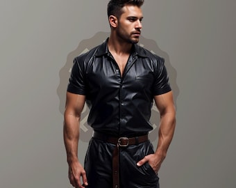 Real Leather Black Shirt For Men - Handmade Black Leather Shirt For Men - Classic Leather Black Shirt Men - Personalized Black Leather Shirt