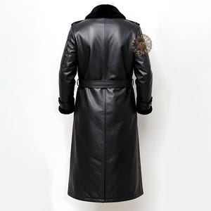 May include: A long black leather coat with a fur collar and a belt. The coat has a double-breasted closure and a long length.