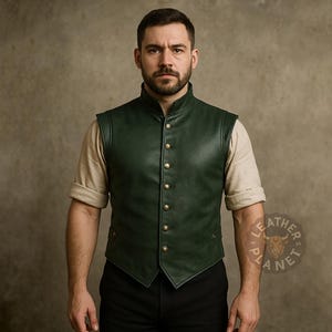 Green Leather Vest for Men | Medieval Renaissance Viking Steampunk Cosplay Waistcoat | Handmade Real Leather Sleeveless Jacket
