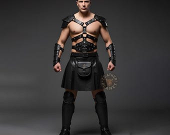 Real Black Leather Gladiator Kilt & Harness for Men | Customizable Gladiator Gear | Durable  Stylish Leather Kilt for Men - Perfect Gift