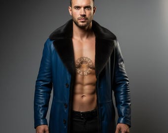 Handgjord herrlång kappa i äkta blått läder | Skräddarsydd trenchcoat med fårkrage | Personlig vinterstreetwear | Skräddarsydd slim fit