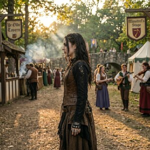 May include: A person wearing a brown leather corset over a black long-sleeved lace top and a long brown skirt. The outfit includes a leather belt with a small pouch and multiple silver rings on the fingers, set against a fairground background.