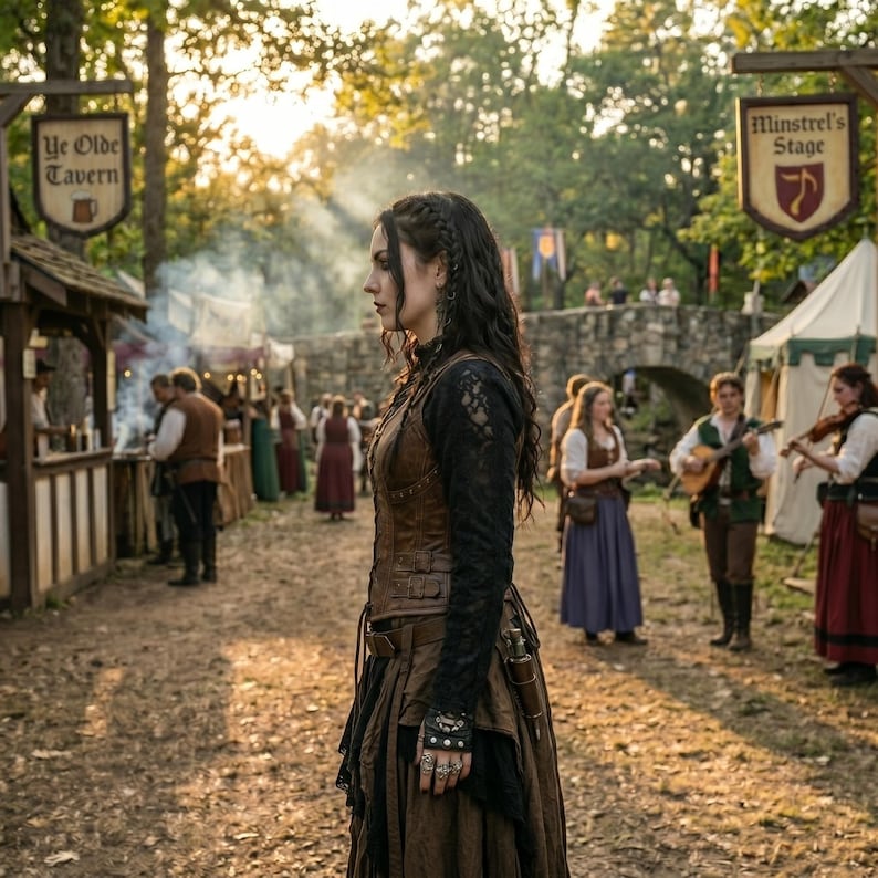 May include: A person wearing a brown leather corset over a black long-sleeved lace top and a long brown skirt. The outfit includes a leather belt with a small pouch and multiple silver rings on the fingers, set against a fairground background.