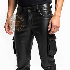 Echte zwarte leren cargobroek voor heren | Premium leren bikerbroek | Op maat gemaakte leren broek voor heren | Trendy zwarte leren broek