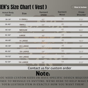 May include: A size chart for vests, showing measurements in inches for chest, waist, and cross shoulder. The chart includes sizes from X-Small to 5X-Large.