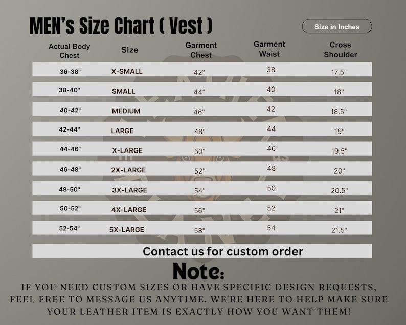 May include: A size chart for vests, showing measurements in inches for chest, waist, and cross shoulder. The chart includes sizes from X-Small to 5X-Large.