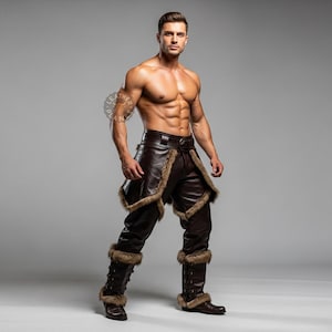 K&ouml;nnte beinhalten: Braune Lederhose mit Fellbesatz und passenden Stiefeln. Die Hose hat einen G&uuml;rtel mit gro&szlig;er Schnalle. Die Stiefel haben Fellbesatz oben und unten. Das Leather Planet-Logo ist sichtbar.