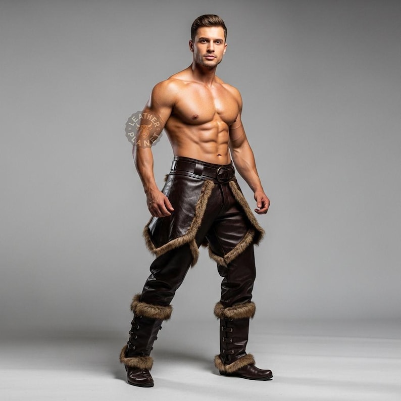 K&ouml;nnte beinhalten: Braune Lederhose mit Fellbesatz und passenden Stiefeln. Die Hose hat einen G&uuml;rtel mit gro&szlig;er Schnalle. Die Stiefel haben Fellbesatz oben und unten. Das Leather Planet-Logo ist sichtbar.