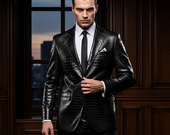 May include: A black blazer and matching trousers featuring a textured crocodile skin pattern. The suit is worn with a crisp white collared shirt, a solid black necktie, and a small white pocket square tucked into the left chest pocket.