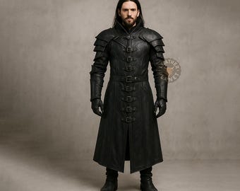 Gothic Medieval Long Leather Trench Coat for Men – Steampunk Armor Cosplay Overcoat with Shoulder Plates | Fantasy Warrior Costume