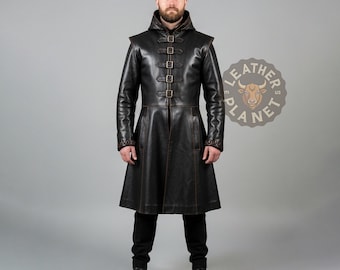 Handmade Men’s Genuine Leather Coat | Medieval Hooded Trench | Custom Steampunk Long Jacket | Vintage Gothic Renaissance Outerwear
