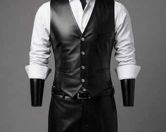 Handmade Mens Black Leather Vest Genuine Sheep Leather Waistcoat Formal V Neck Slim Fit Classic Dress Vest Wedding Party Wear