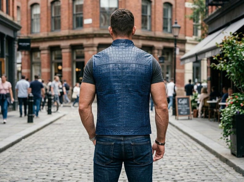 May include: A person wearing a blue, crocodile-patterned vest and dark blue jeans stands on a cobbled street. The vest is the main focus, with a textured finish. The scene is set in a city with brick buildings.