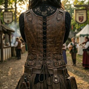 May include: A brown leather corset vest featuring a central lace-up back closure with metal grommets, adjustable side straps with buckles, and a matching leather belt. The garment is worn over a black lace long-sleeve top and a brown skirt.