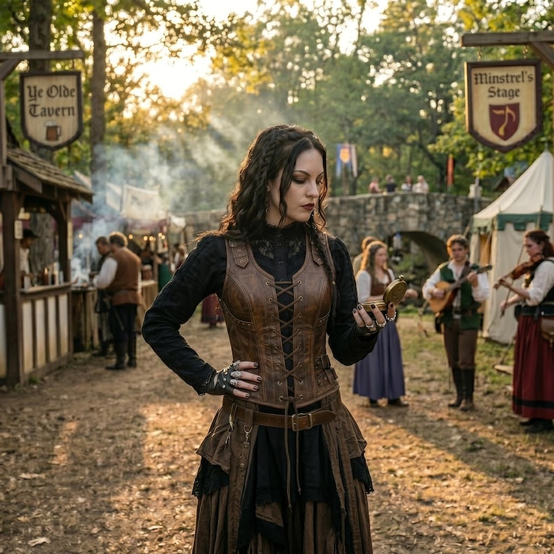 May include: A brown leather corset with front lacing and a matching belt worn over a black long-sleeved shirt and a long brown skirt. The outfit includes fingerless leather gloves and is accessorized with multiple rings on the fingers.