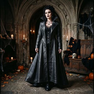 May include: A long black leather coat with a high collar, structured shoulders, and a button-front closure. The coat features a fitted bodice that flares into a full-length skirt, worn over a black corset top and dark trousers with black boots.
