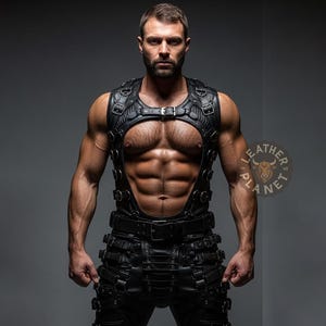 Pode incluir: Arnês de couro preto com várias correias e fivelas. O arnês cobre o peito e o torso, com correias adicionais ao redor da cintura e das pernas. A imagem está em um fundo cinza.
