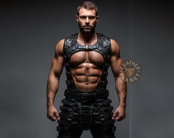Schwarze Lederweste mit hohem Kragen für Männer - Schweres Stitch-Panel Gladiator-Stil - Cyber-Steampunk-Harness-Look - Maßanfertigung