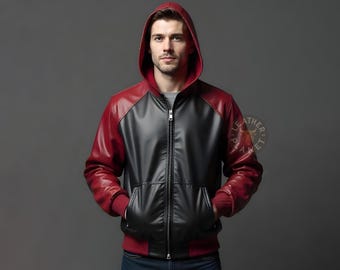 Handmade Black and Red Leather Jacket Men | Real Leather Jacket with Hood | Classic Leather Black and Red Jacket | Designer Leather Jacket