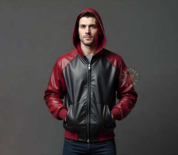 Handgefertigte schwarze und rote Lederjacke Herren