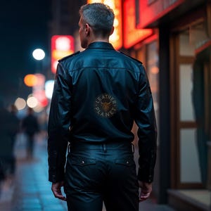 May include: A person wearing a black leather jacket and pants. The jacket has a patch on the back that says "Leather Planet" with a bull's head logo.